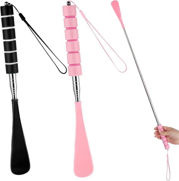 2 Pack Retractable Stainless Steel Long Handle Shoe Horn, Telescopic Foldable Shoehorn for Seniors/Pregnant Women, Extended Boot Horn for Cowboy Boots, Metal Travel Shoe Helper (Black/Pink)