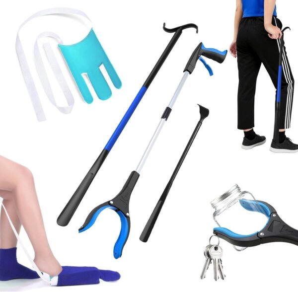 Assistive Device No Bending Kit for Elderly -Sock Aids, Foldable Reacher Grabber with 360° Rotating Jaw & Magnet, Long Shoe Horn Handle & Dressing Stick & Back Scratcher for Seniors, Disabled