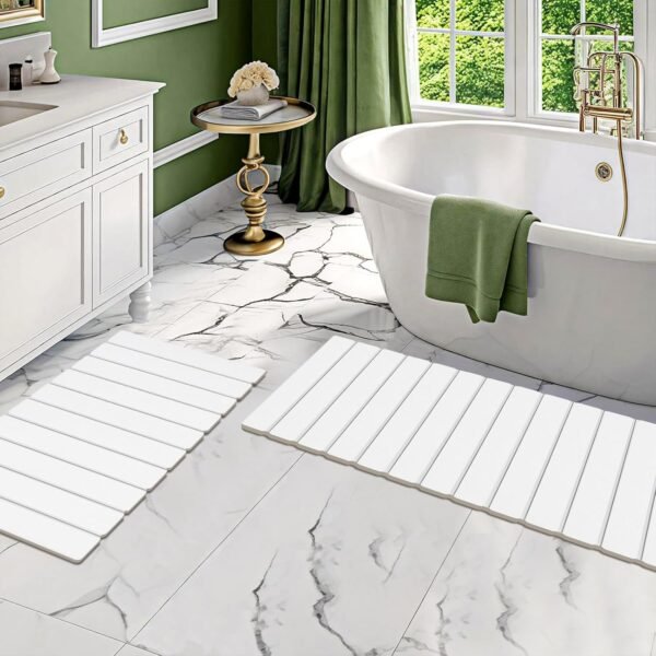 2 Pack Foldable Stone Bath Mats, White Super orbent Diatomaceous Earth Bath Rug, Non-Slip Shower Mat, Quick-Drying Bath Rug and Drying Mat for Tub and Shower
