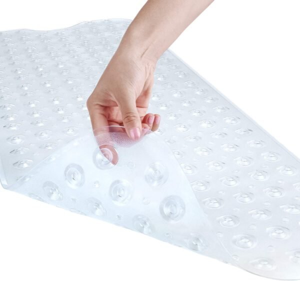 Bath and Shower Safety Mats 40x16 inch, Non Slip with Suction Cups for Bathroom Stall and Tub Floor, Extra Large and Machine Washable, Drain Holes Keep Bathtub Clean, Clear