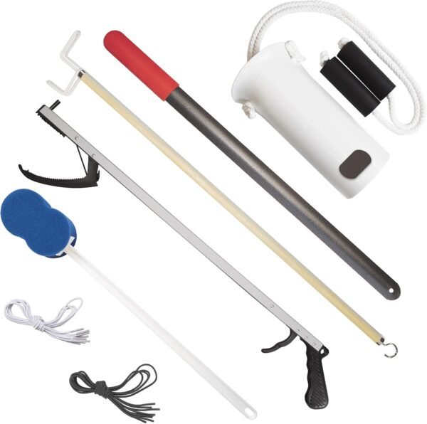 Rehabilitation Advantage 7 Piece Premium Hip Knee Replacement Recovery Kit. 32-inch Reacher Grabber, Sock Aid, Long Handle Shoehorn, Dressing Stick Aid, Bath Sponge, Black and White Elastic Shoelaces