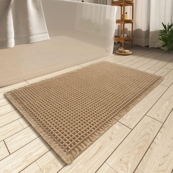 Upgraded Waffle Bath Mat, Super orbent Non Slip Bath Mats for Bathroom Floor, Machine Washable Bathroom Rugs with Tassels, Rubber Backed Bathroom Mats, Ultra Soft, 17" x 24", Brown